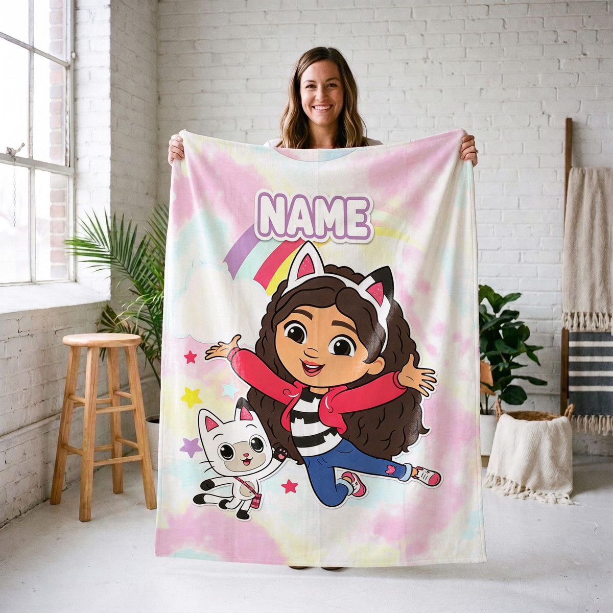 Gabby and Pandy Paws Jumping Blanket, Pastel Rainbow Tie Dye Throw, Kids Cartoon Bedding, Dollhouse Fan Gift