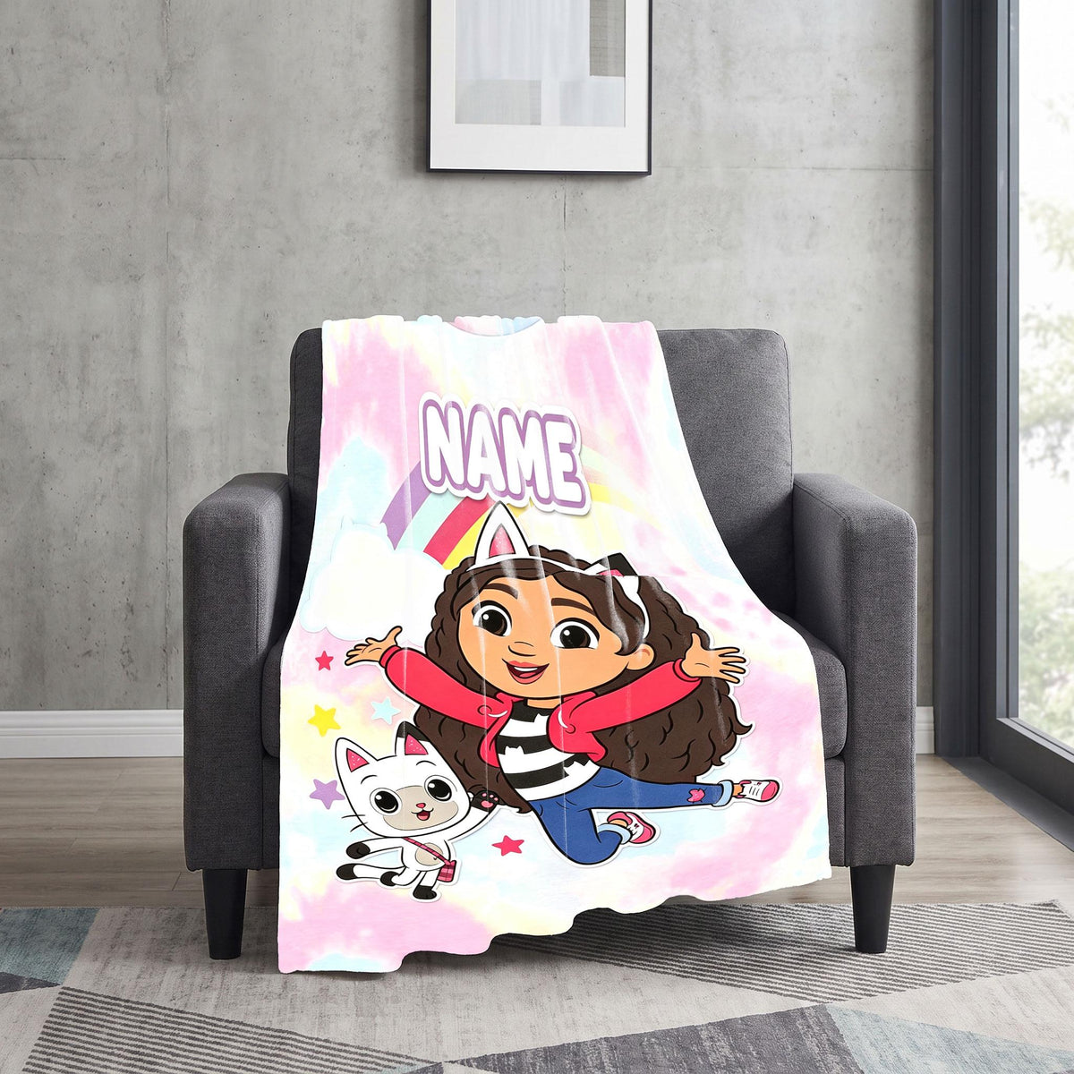 Gabby and Pandy Paws Jumping Blanket, Pastel Rainbow Tie Dye Throw, Kids Cartoon Bedding, Dollhouse Fan Gift