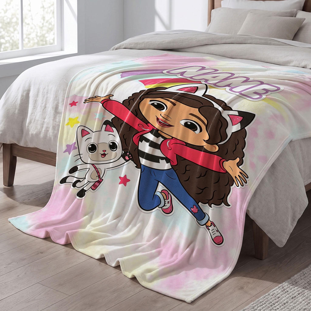 Gabby and Pandy Paws Jumping Blanket, Pastel Rainbow Tie Dye Throw, Kids Cartoon Bedding, Dollhouse Fan Gift