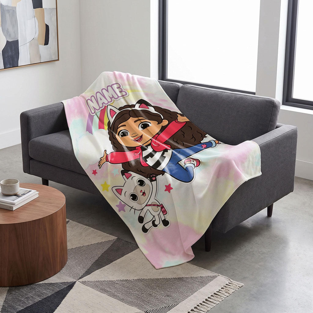 Gabby and Pandy Paws Jumping Blanket, Pastel Rainbow Tie Dye Throw, Kids Cartoon Bedding, Dollhouse Fan Gift