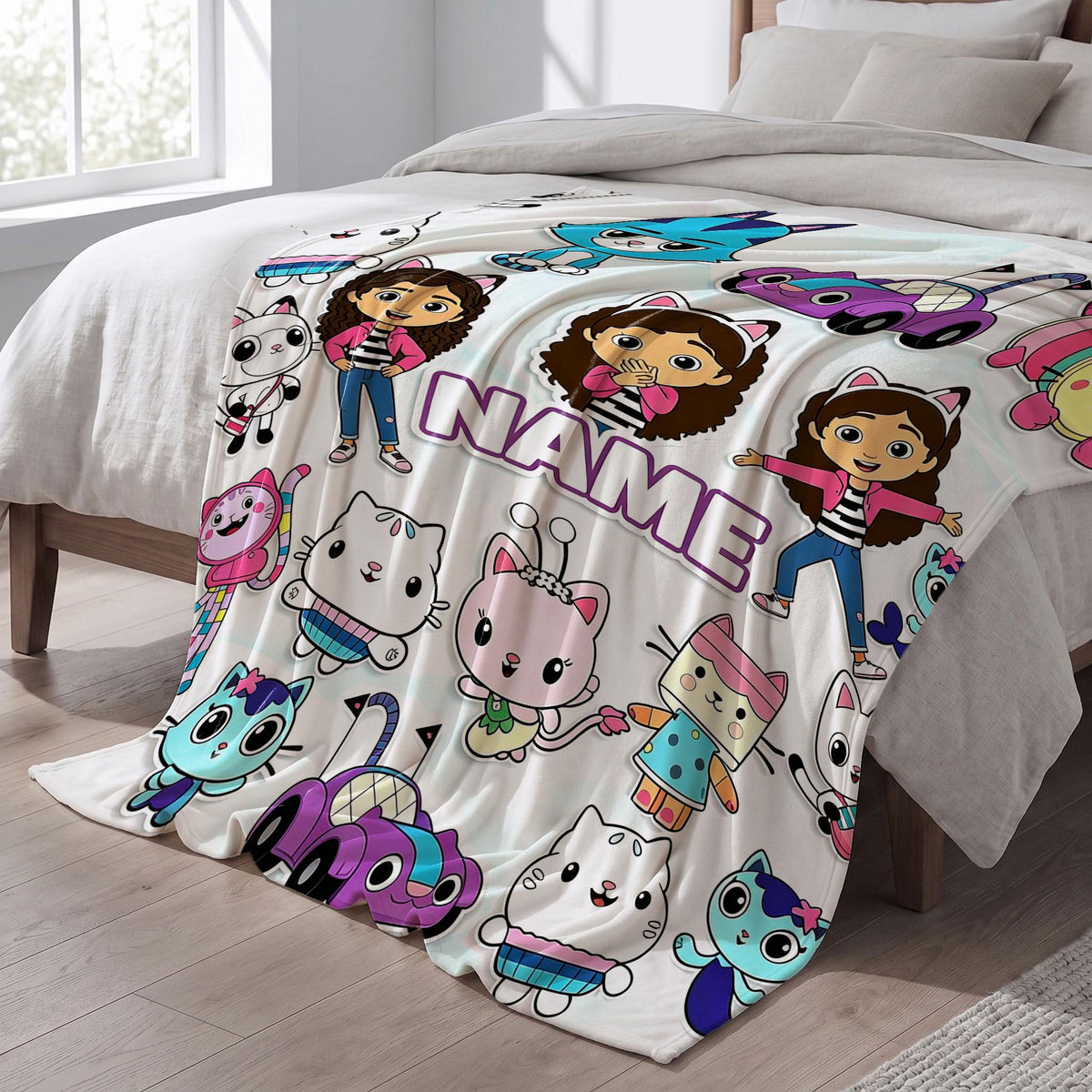 Gabby's Dollhouse Sticker Blanket, Cute Pandy Paws Collage Throw, Custom Name Kids Bedding, Girls Birthday Gift