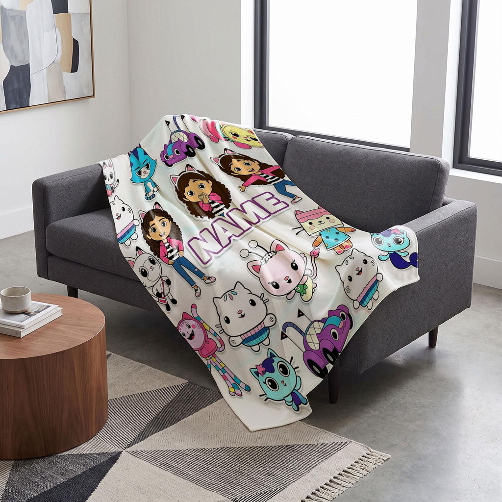 Gabby's Dollhouse Sticker Blanket, Cute Pandy Paws Collage Throw, Custom Name Kids Bedding, Girls Birthday Gift