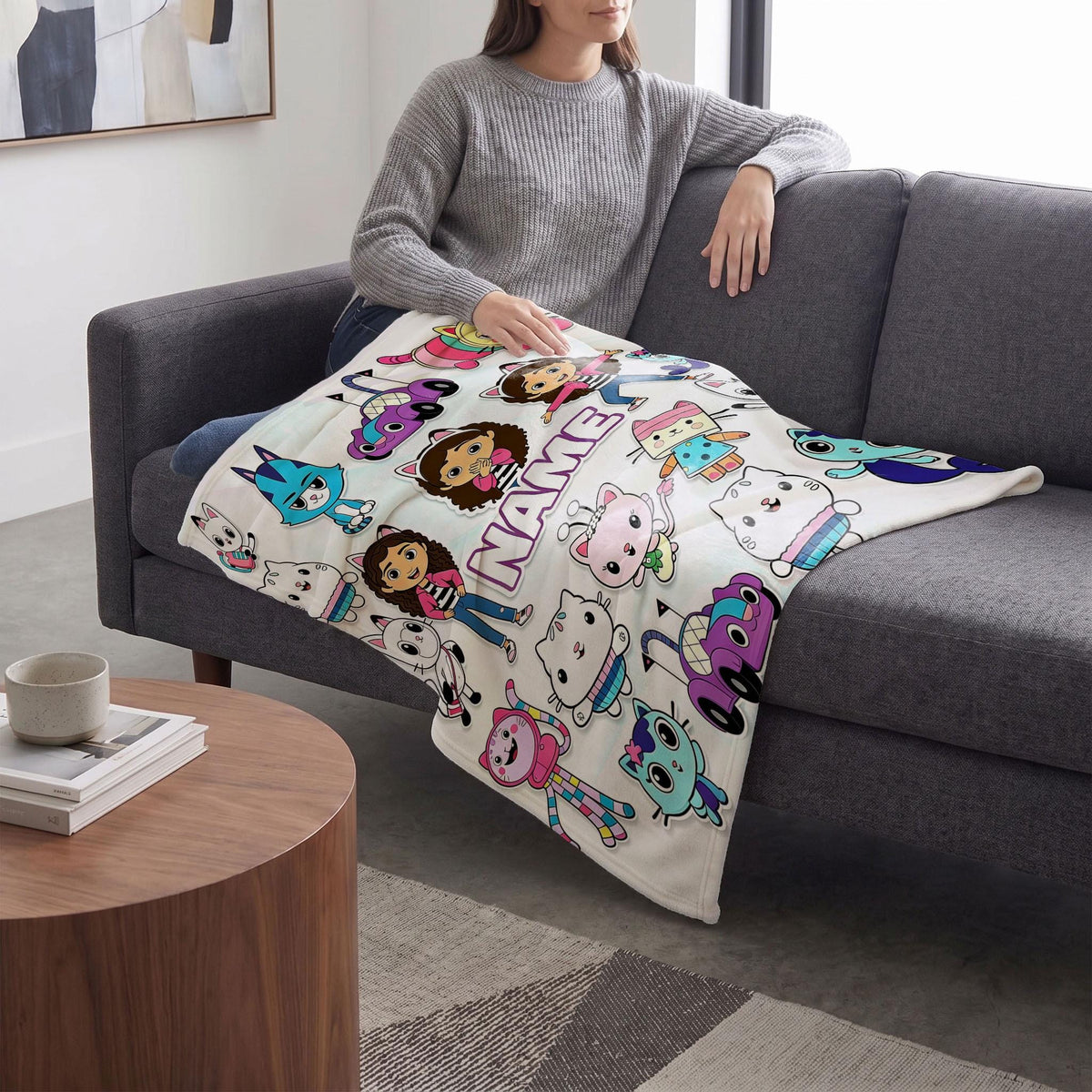 Gabby's Dollhouse Sticker Blanket, Cute Pandy Paws Collage Throw, Custom Name Kids Bedding, Girls Birthday Gift