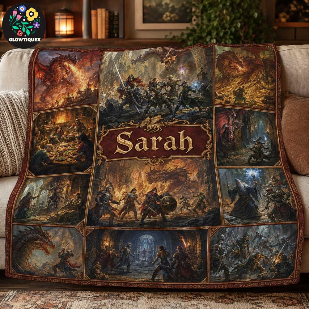 Personalized Dungeons and Dragons Fleece Blanket, Custom Fantasy Throw, Epic Dragon Battle Blanket, RPG Gift, Cozy Nerd Room Decor Gift Set