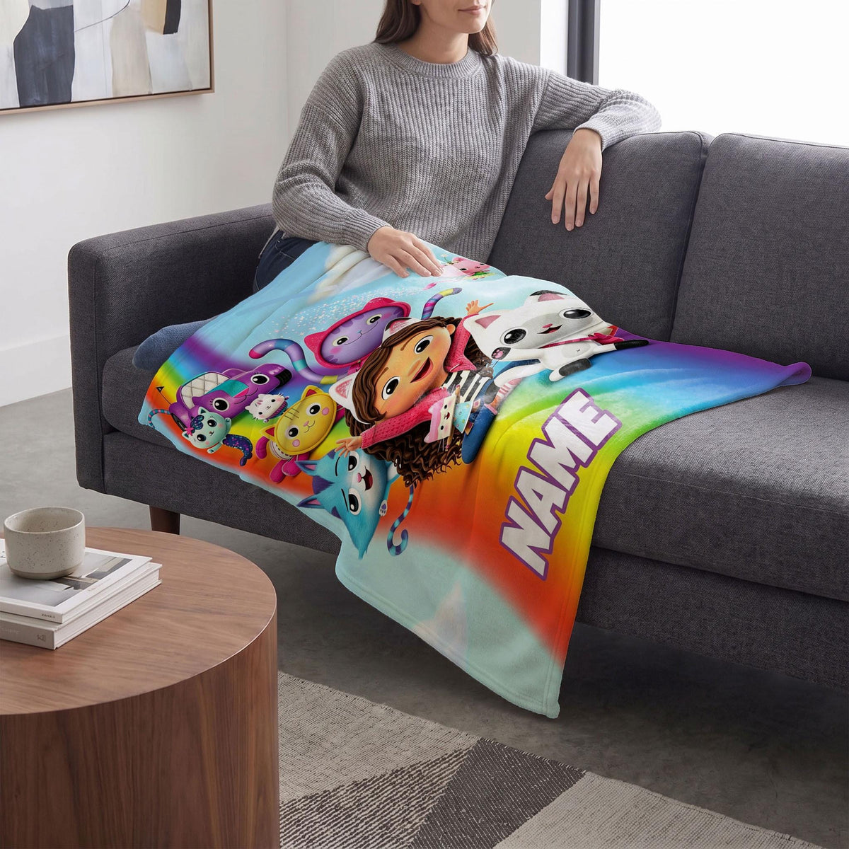 Gabby's Rainbow Adventure Blanket, 3D Dollhouse Custom Throw, Kids Cartoon Bedding, Girls Birthday Gift