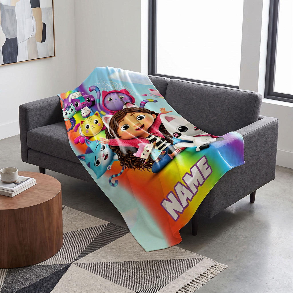 Gabby's Rainbow Adventure Blanket, 3D Dollhouse Custom Throw, Kids Cartoon Bedding, Girls Birthday Gift