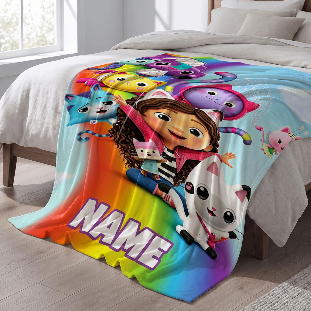 Gabby's Rainbow Adventure Blanket, 3D Dollhouse Custom Throw, Kids Cartoon Bedding, Girls Birthday Gift