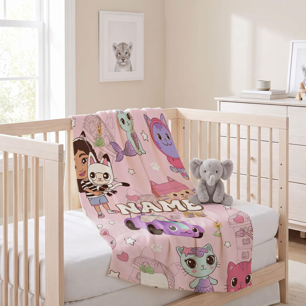Gabby's Dollhouse Line Art Blanket, Pink Sketch Custom Throw, Pandy Paws Kids Bedding, Nursery Room Gift
