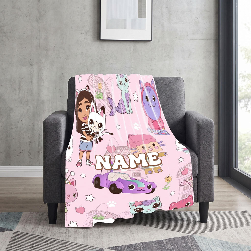 Gabby's Dollhouse Line Art Blanket, Pink Sketch Custom Throw, Pandy Paws Kids Bedding, Nursery Room Gift