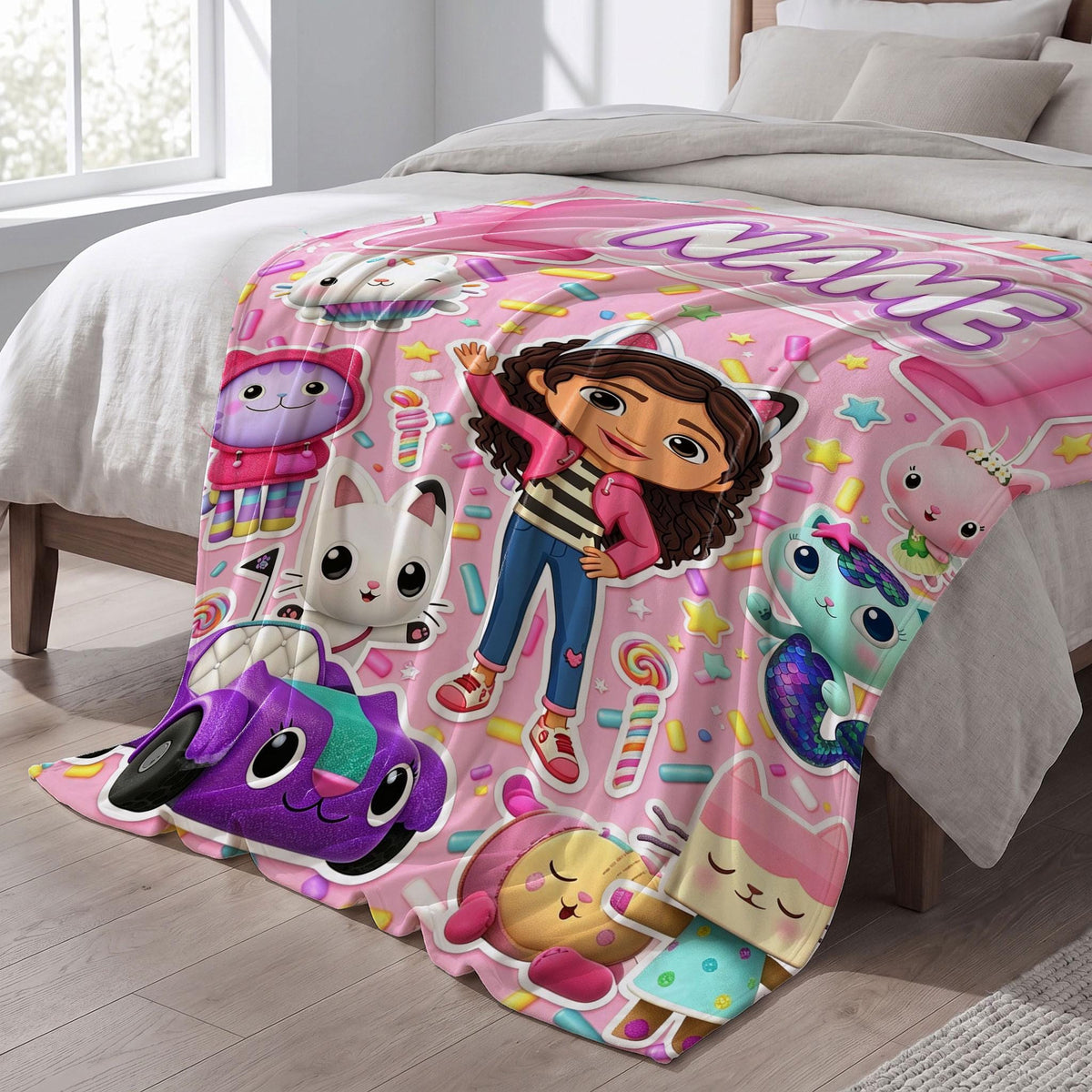 Gabby's Sweet Sprinkles Blanket, Pink Dessert Custom Throw, Kids Cartoon Bedding, Dollhouse Birthday Gift