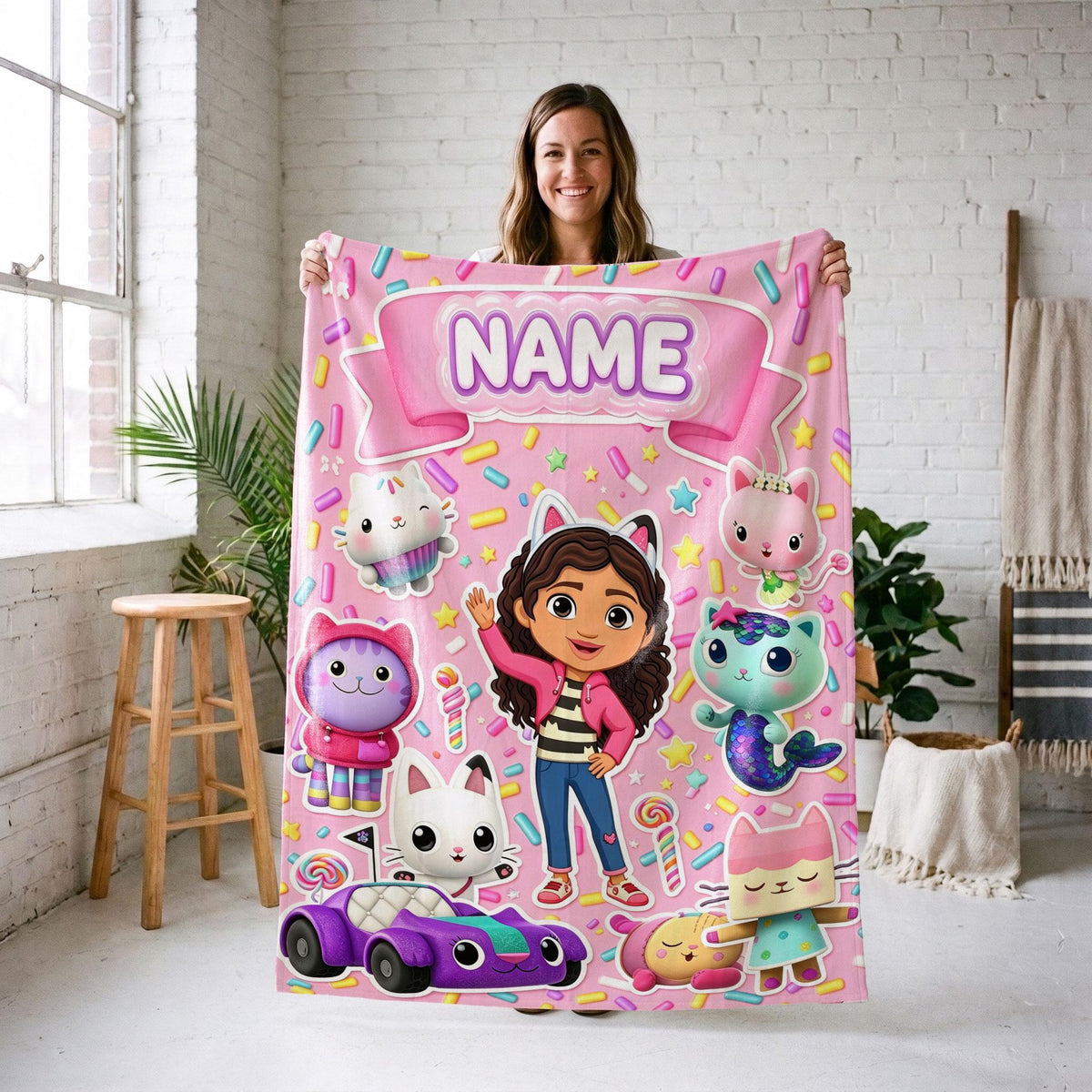 Gabby's Sweet Sprinkles Blanket, Pink Dessert Custom Throw, Kids Cartoon Bedding, Dollhouse Birthday Gift