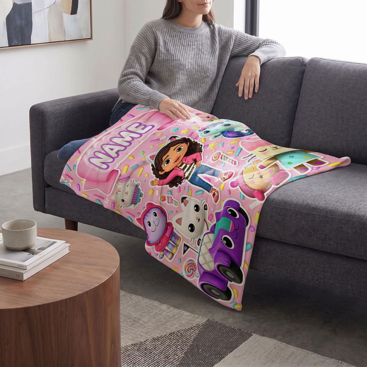 Gabby's Sweet Sprinkles Blanket, Pink Dessert Custom Throw, Kids Cartoon Bedding, Dollhouse Birthday Gift