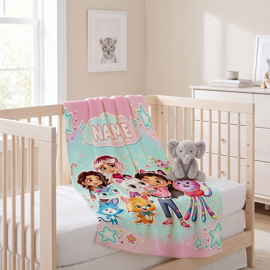 Gabby's Starry Hug Blanket, Ice Blue Dreamy Custom Throw, Kids Cartoon Bedding, Girls Cozy Room Gift