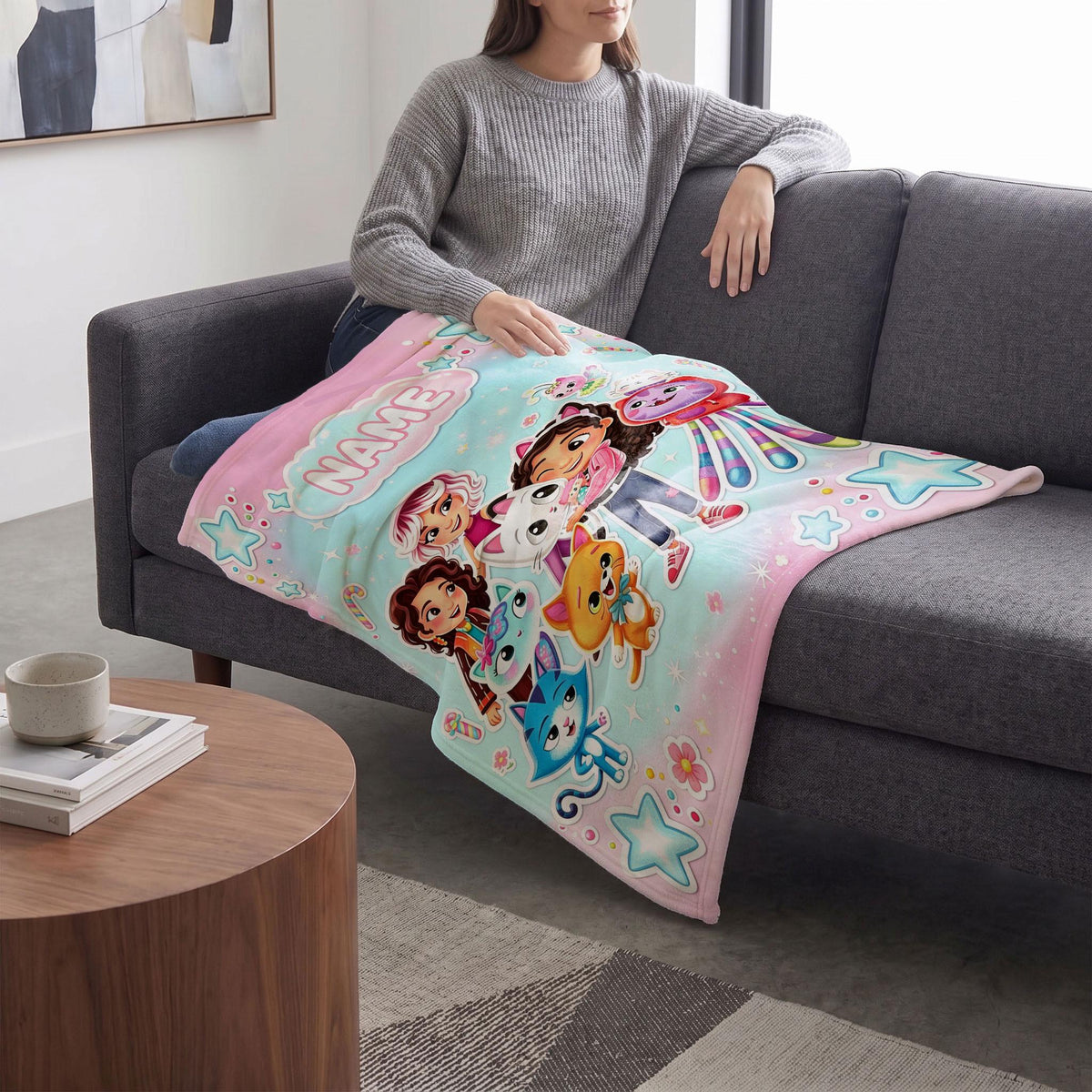 Gabby's Starry Hug Blanket, Ice Blue Dreamy Custom Throw, Kids Cartoon Bedding, Girls Cozy Room Gift