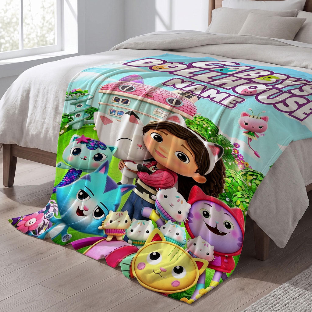 Gabby's Dollhouse Meadow Blanket, 3D Magic Garden Throw, Custom Name Kids Bedding, Girls Cozy Room Gift