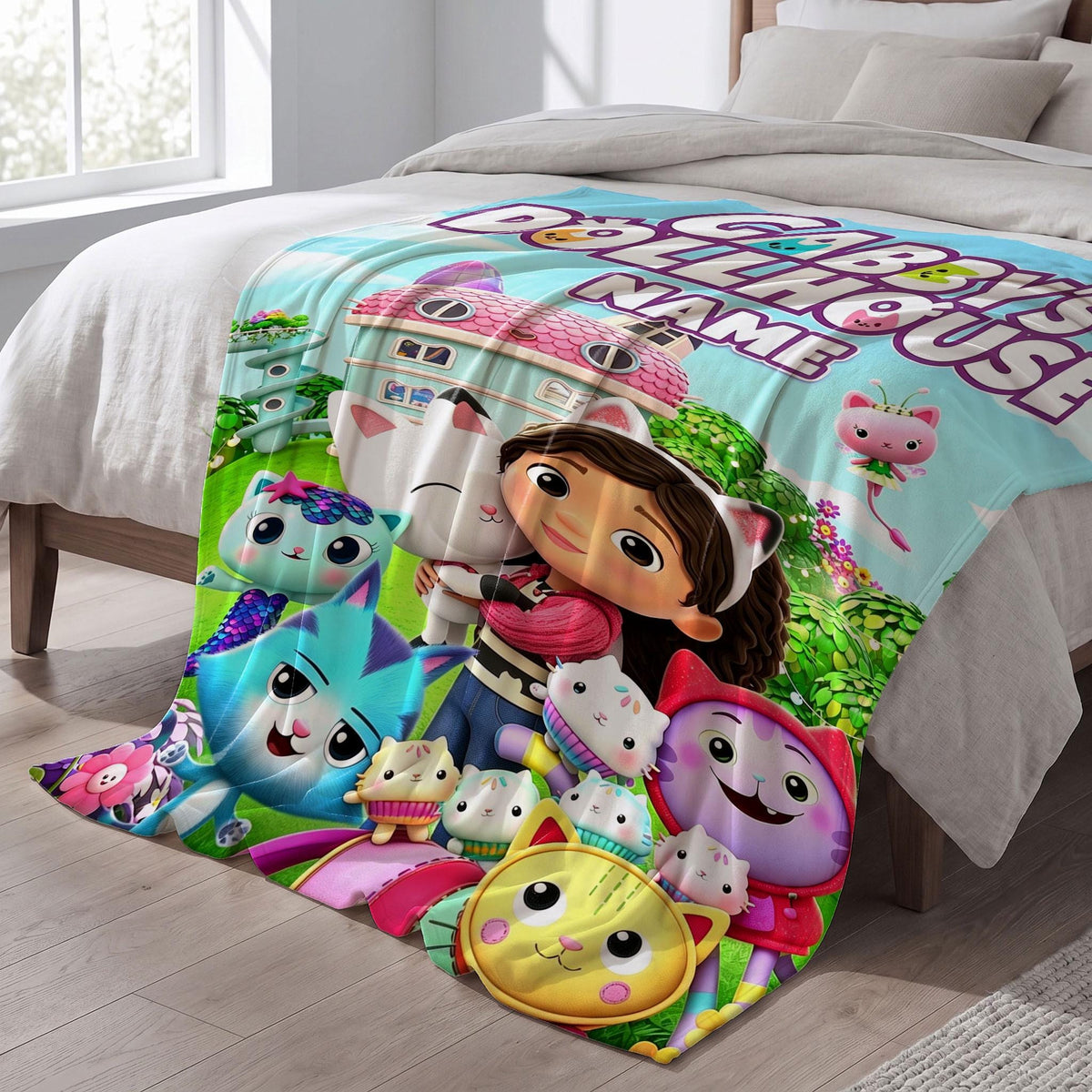 Gabby's Dollhouse Meadow Blanket, 3D Magic Garden Throw, Custom Name Kids Bedding, Girls Cozy Room Gift