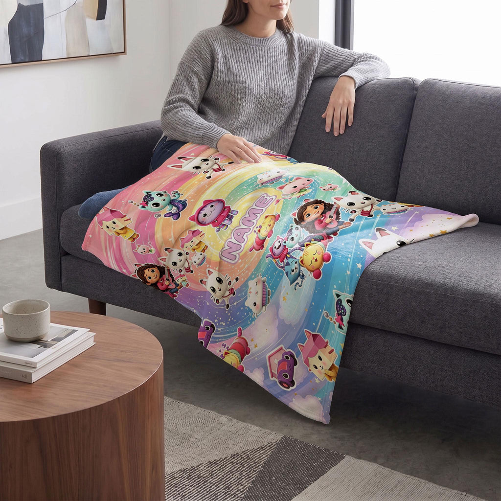 Gabby's Rainbow Swirl Blanket, Dollhouse Magic Custom Throw, Kids Cartoon Bedding, Girls Room Gift