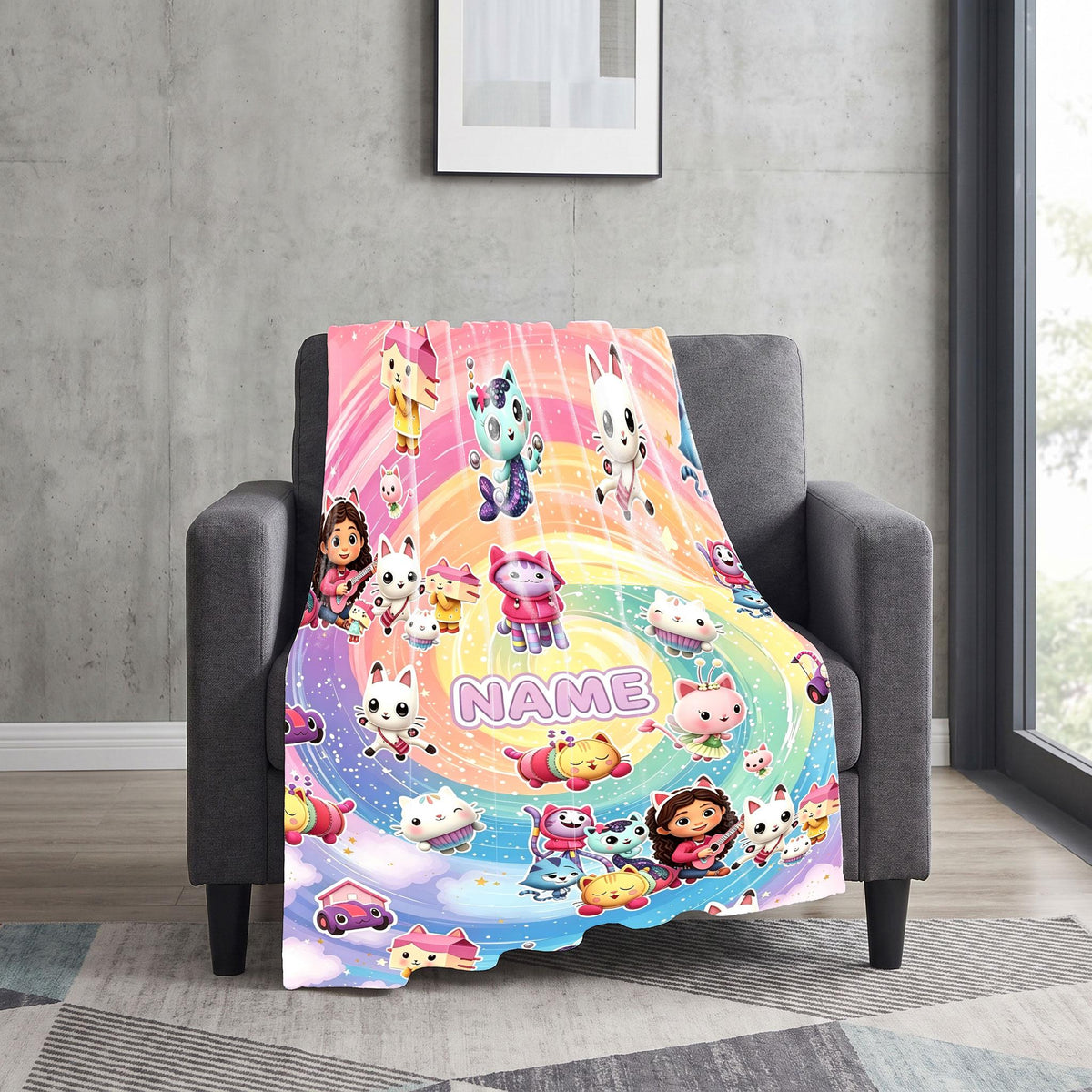 Gabby's Rainbow Swirl Blanket, Dollhouse Magic Custom Throw, Kids Cartoon Bedding, Girls Room Gift