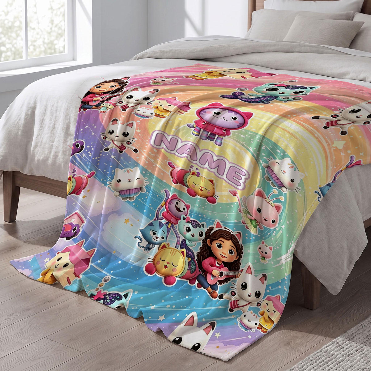 Gabby's Rainbow Swirl Blanket, Dollhouse Magic Custom Throw, Kids Cartoon Bedding, Girls Room Gift