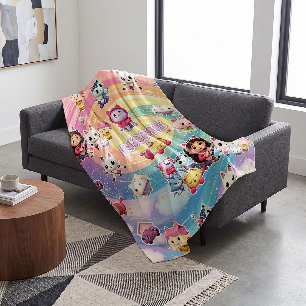 Gabby's Rainbow Swirl Blanket, Dollhouse Magic Custom Throw, Kids Cartoon Bedding, Girls Room Gift