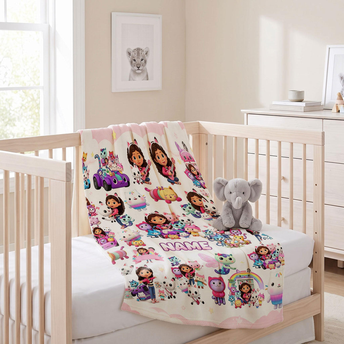 Gabby's Cat Car Blanket, Pink Cloud Dollhouse Throw, Pandy Paws Kids Bedding, Girls Playful Gift