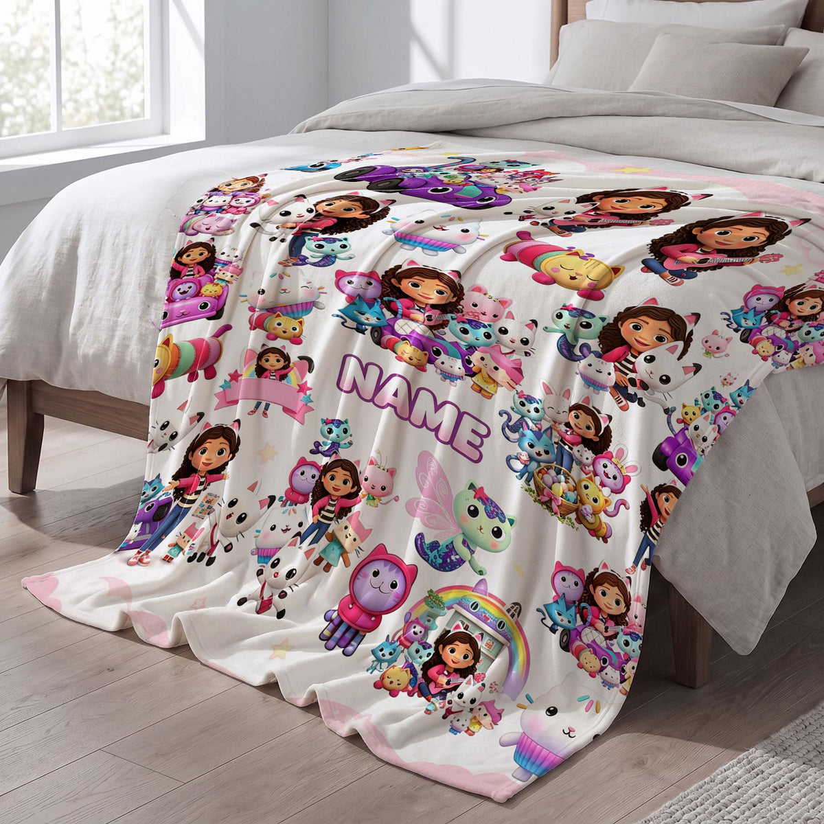 Gabby's Cat Car Blanket, Pink Cloud Dollhouse Throw, Pandy Paws Kids Bedding, Girls Playful Gift