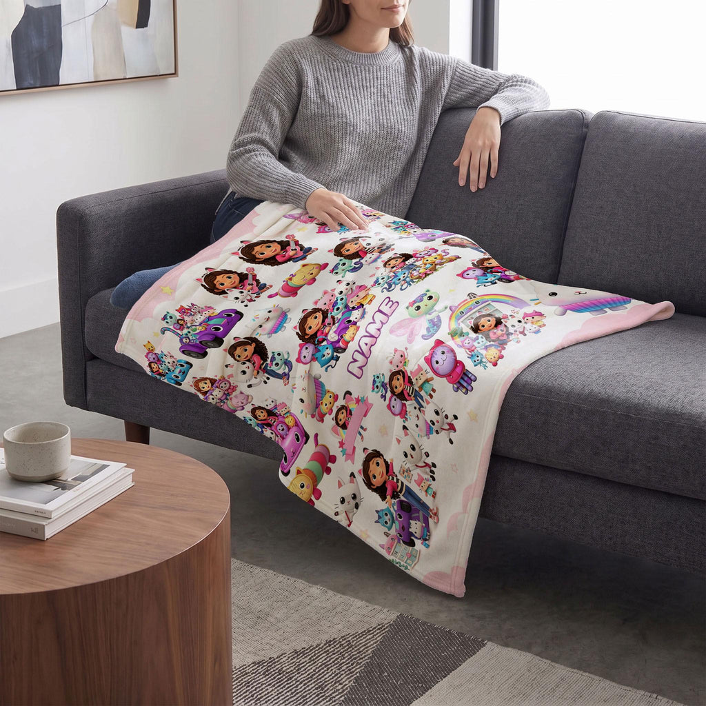 Gabby's Cat Car Blanket, Pink Cloud Dollhouse Throw, Pandy Paws Kids Bedding, Girls Playful Gift