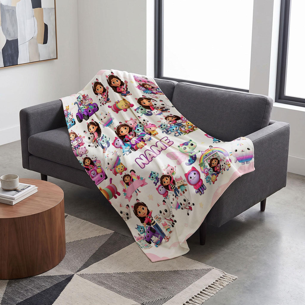 Gabby's Cat Car Blanket, Pink Cloud Dollhouse Throw, Pandy Paws Kids Bedding, Girls Playful Gift