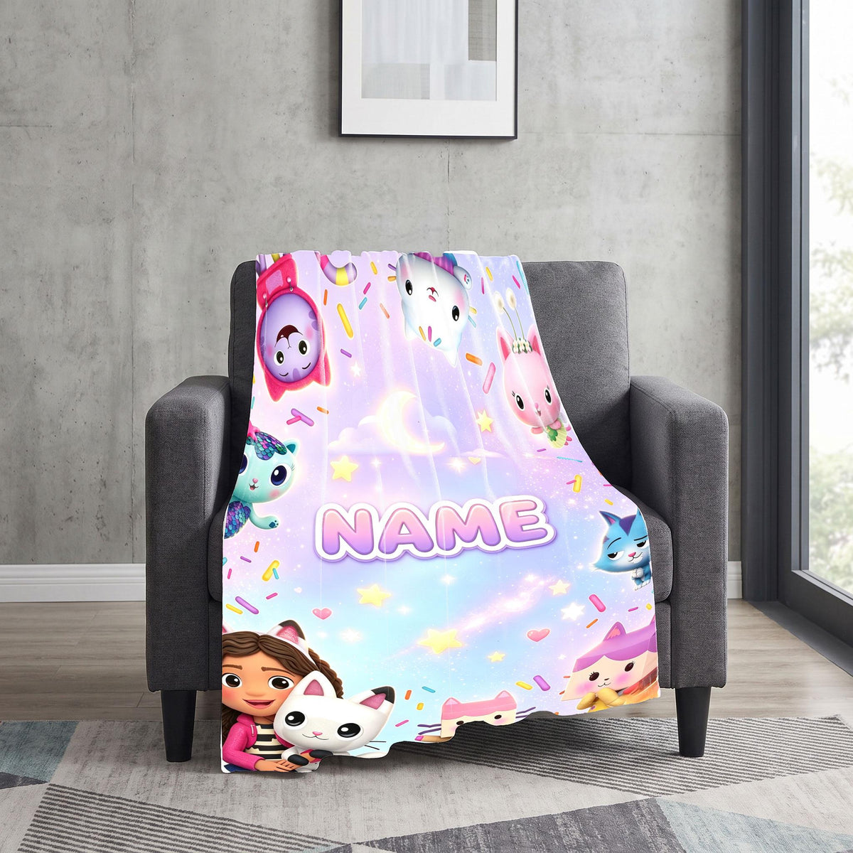 Gabby's Starry Sprinkles Blanket, Purple Night Dollhouse Throw, Custom Name Bedding, Kids Sweet Dreams Gift