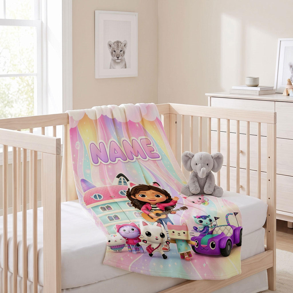 Gabby's Dollhouse Guitar Blanket, Pastel Rainbow Waves Throw, Kids Cartoon Bedding, Girls Music Gift