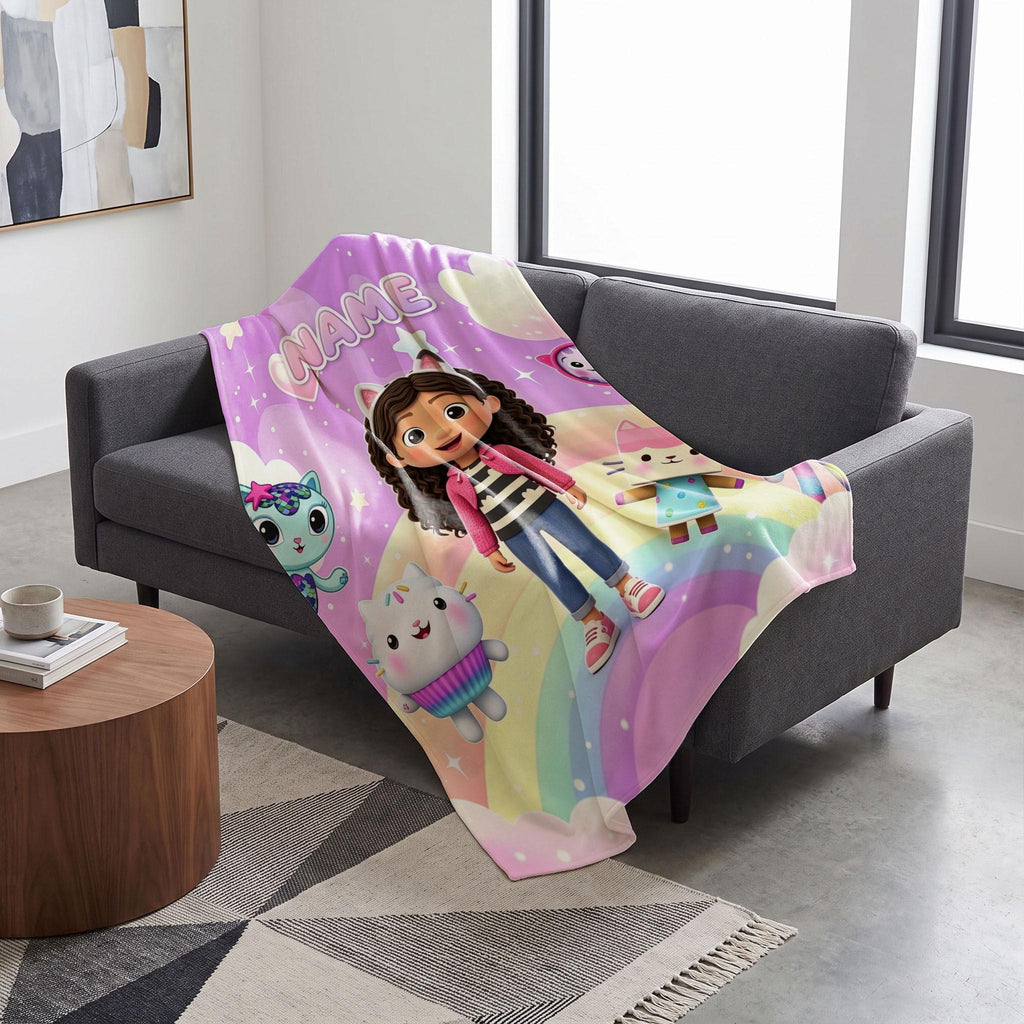 Gabby's Dollhouse Rainbow Blanket, Pink Pastel Cloud Throw, Kids Cartoon Bedding, Girls Room Decor