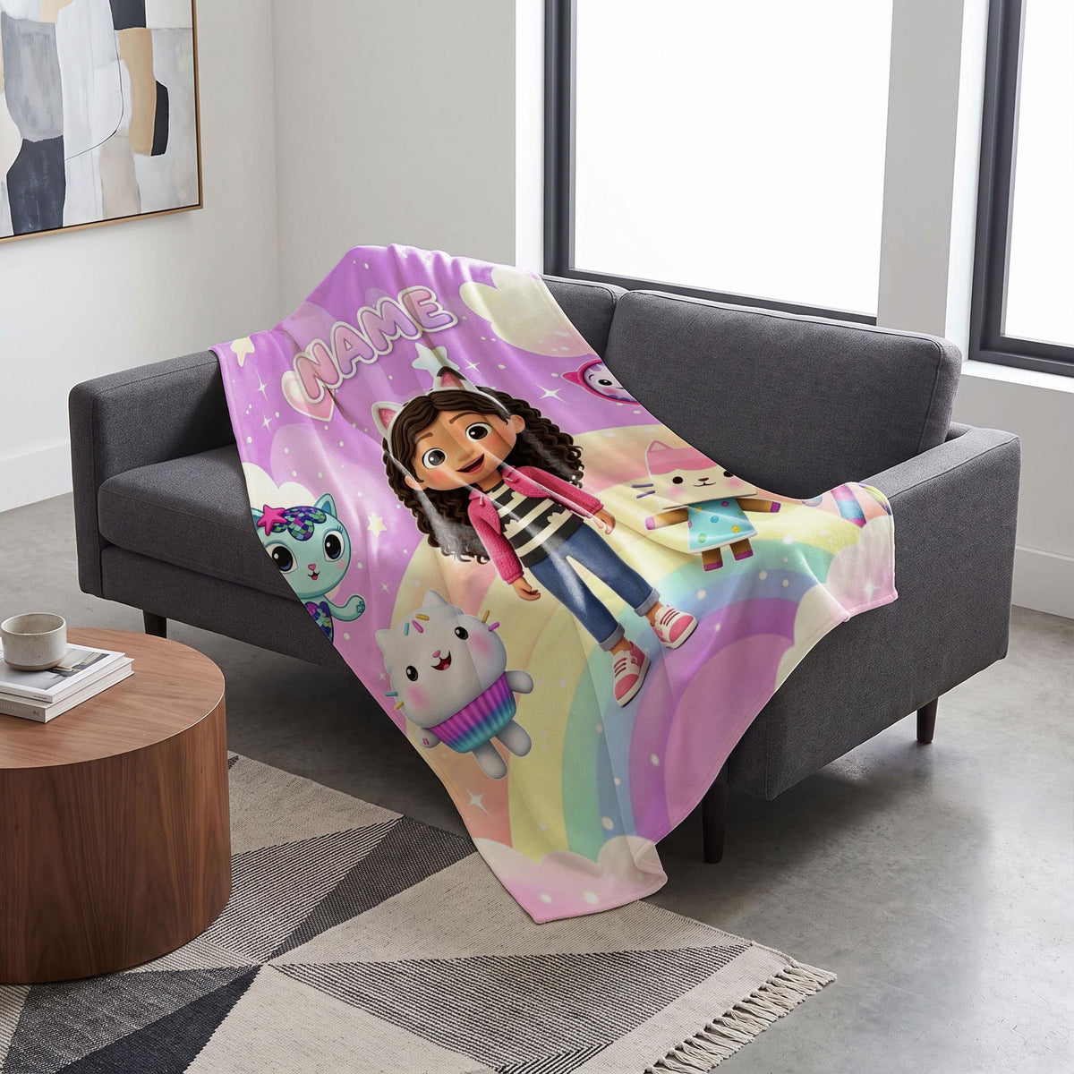 Gabby's Dollhouse Rainbow Blanket, Pink Pastel Cloud Throw, Kids Cartoon Bedding, Girls Room Decor