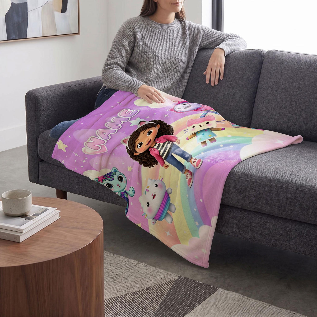 Gabby's Dollhouse Rainbow Blanket, Pink Pastel Cloud Throw, Kids Cartoon Bedding, Girls Room Decor