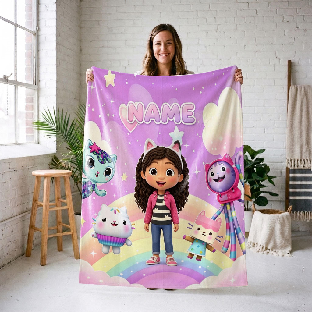 Gabby's Dollhouse Rainbow Blanket, Pink Pastel Cloud Throw, Kids Cartoon Bedding, Girls Room Decor