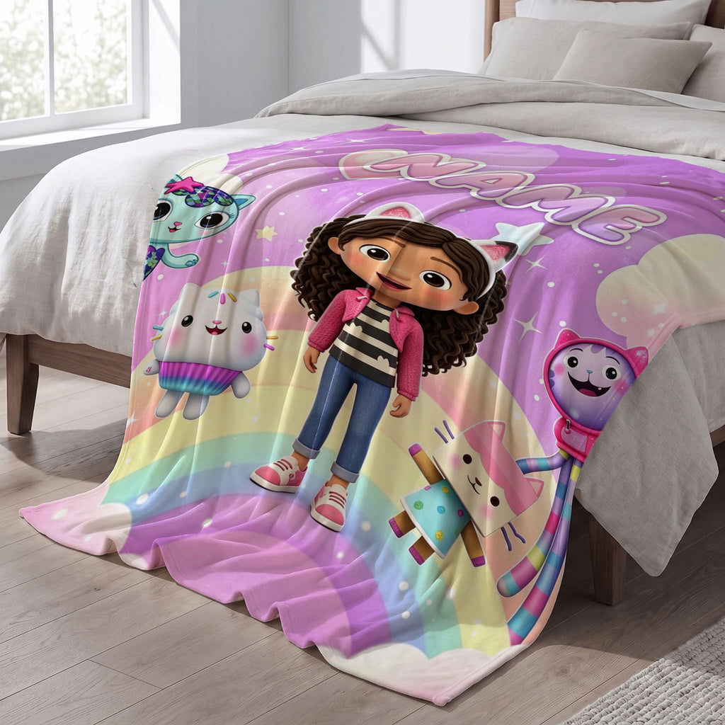 Gabby's Dollhouse Rainbow Blanket, Pink Pastel Cloud Throw, Kids Cartoon Bedding, Girls Room Decor