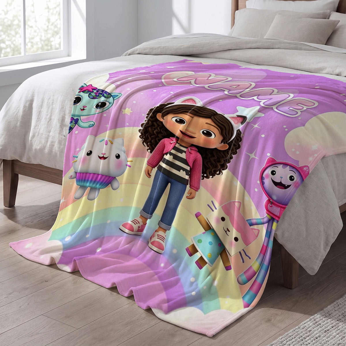 Gabby's Dollhouse Rainbow Blanket, Pink Pastel Cloud Throw, Kids Cartoon Bedding, Girls Room Decor
