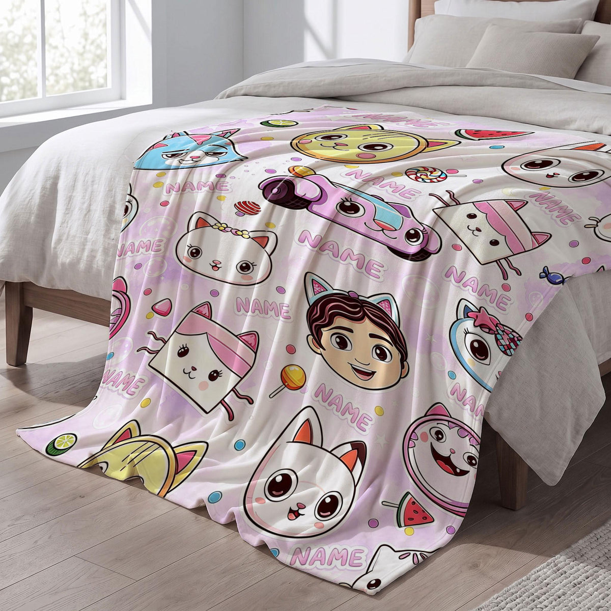 Gabby's Summer Faces Blanket, Pink Bubble Watercolor Throw, Kids Dollhouse Bedding, Girls Sweet Gift