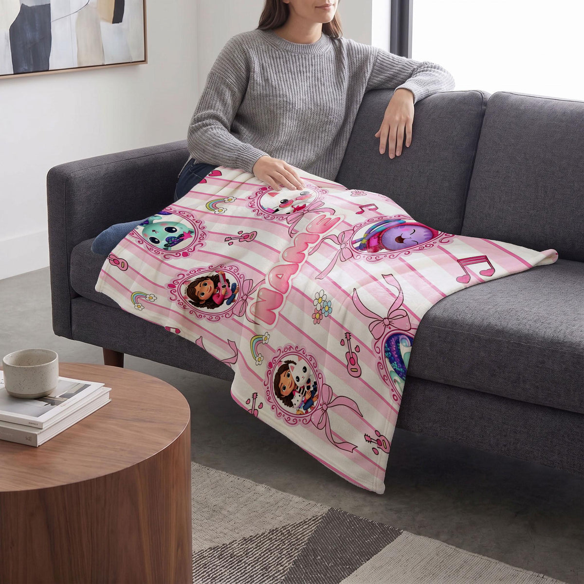 Gabby's Dollhouse Cameo Blanket, Pink Striped Bow Throw, Kids Cartoon Bedding, Coquette Room Gift