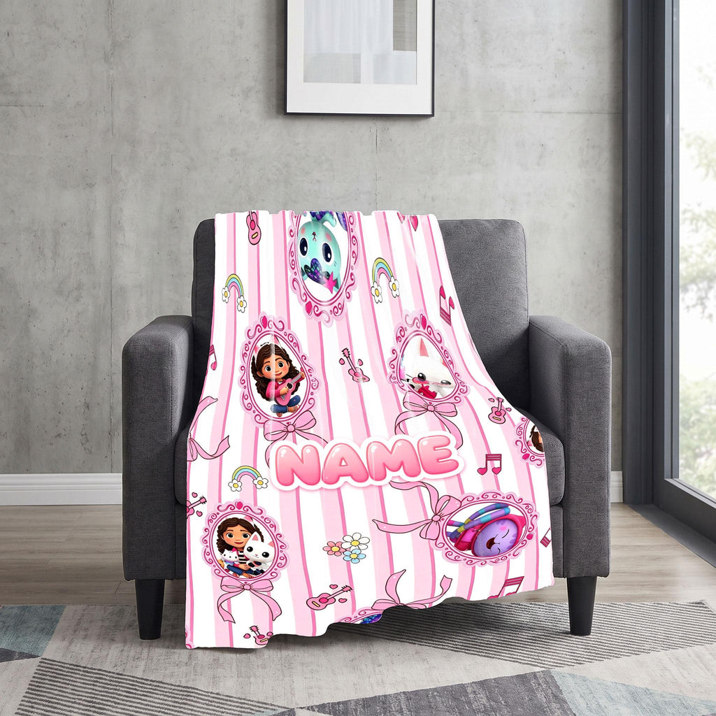 Gabby's Dollhouse Cameo Blanket, Pink Striped Bow Throw, Kids Cartoon Bedding, Coquette Room Gift