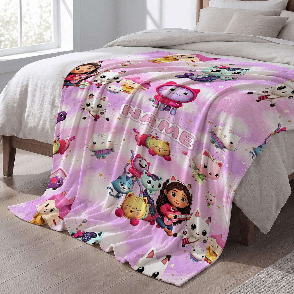 Gabby's Pink Cloud Blanket, Dollhouse Magic Custom Throw, Kids Cartoon Bedding, Girls Room Gift