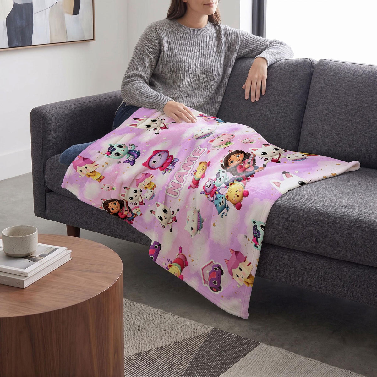 Gabby's Pink Cloud Blanket, Dollhouse Magic Custom Throw, Kids Cartoon Bedding, Girls Room Gift