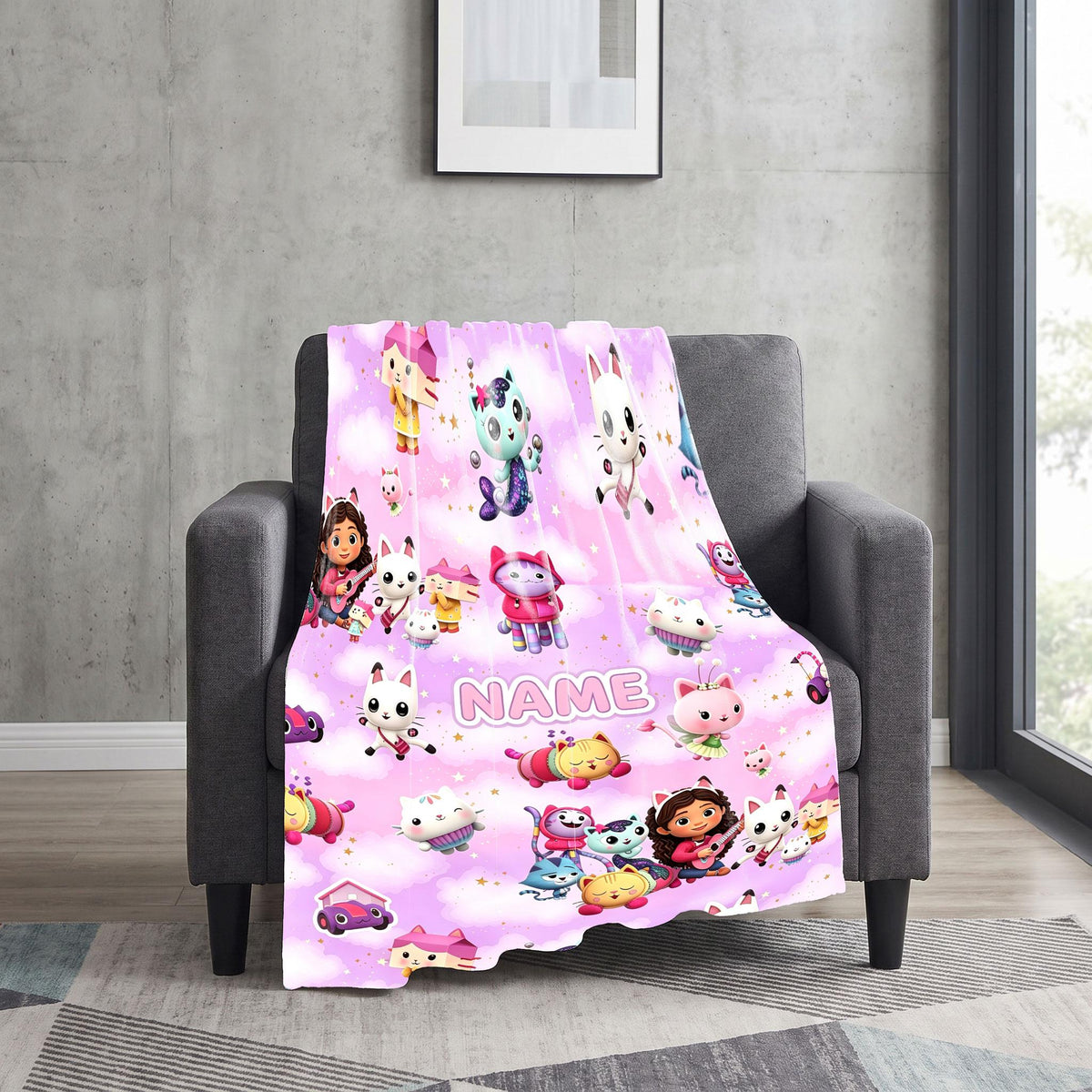 Gabby's Pink Cloud Blanket, Dollhouse Magic Custom Throw, Kids Cartoon Bedding, Girls Room Gift