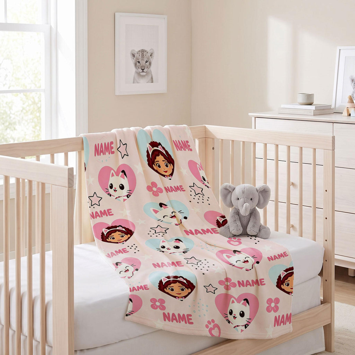 Multi Name Gabby Blanket, Pink Heart Faces Throw, Pandy Paws Kids Bedding, Dollhouse Girls Room Gift