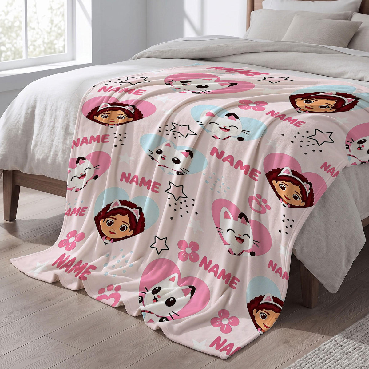 Multi Name Gabby Blanket, Pink Heart Faces Throw, Pandy Paws Kids Bedding, Dollhouse Girls Room Gift