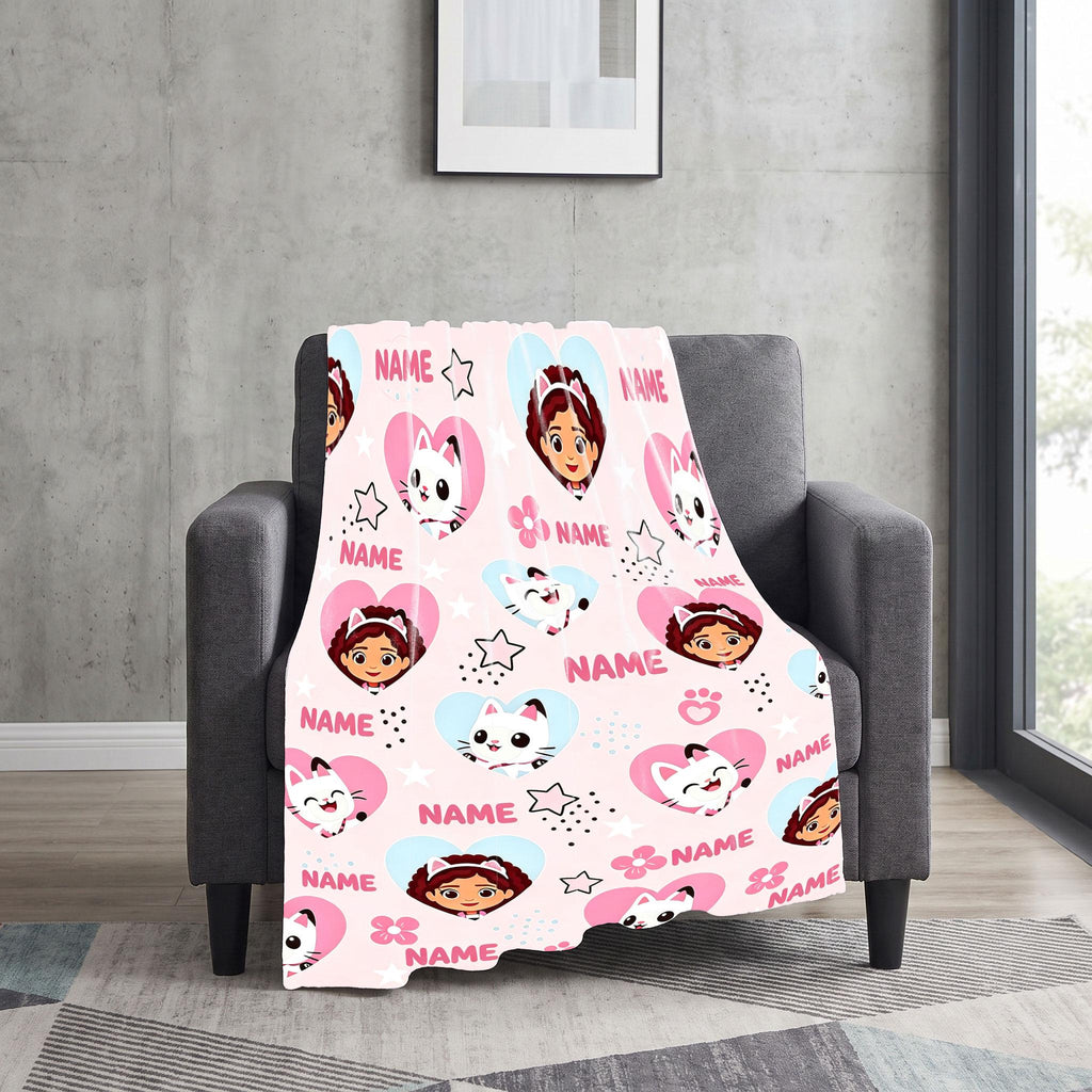Multi Name Gabby Blanket, Pink Heart Faces Throw, Pandy Paws Kids Bedding, Dollhouse Girls Room Gift