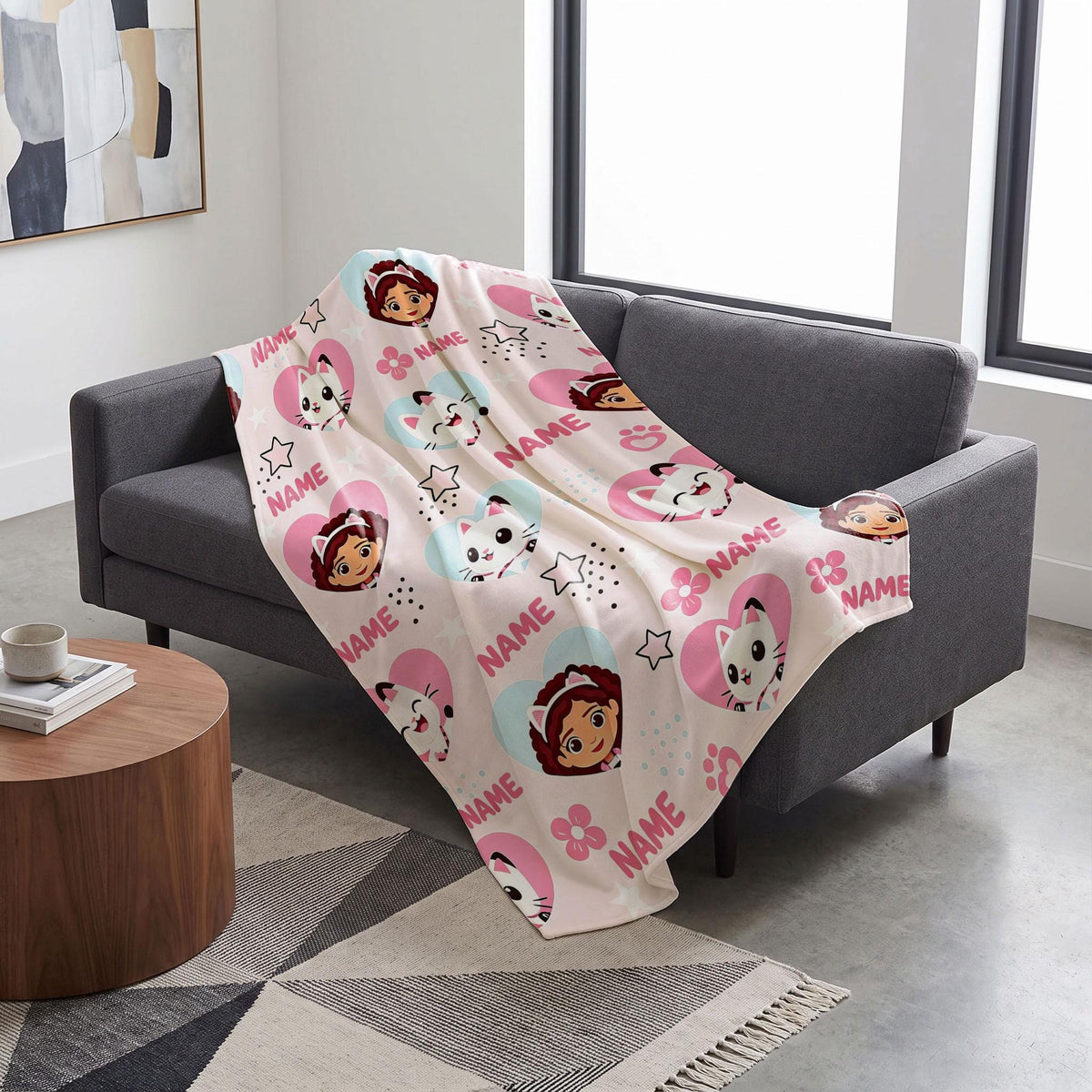 Multi Name Gabby Blanket, Pink Heart Faces Throw, Pandy Paws Kids Bedding, Dollhouse Girls Room Gift