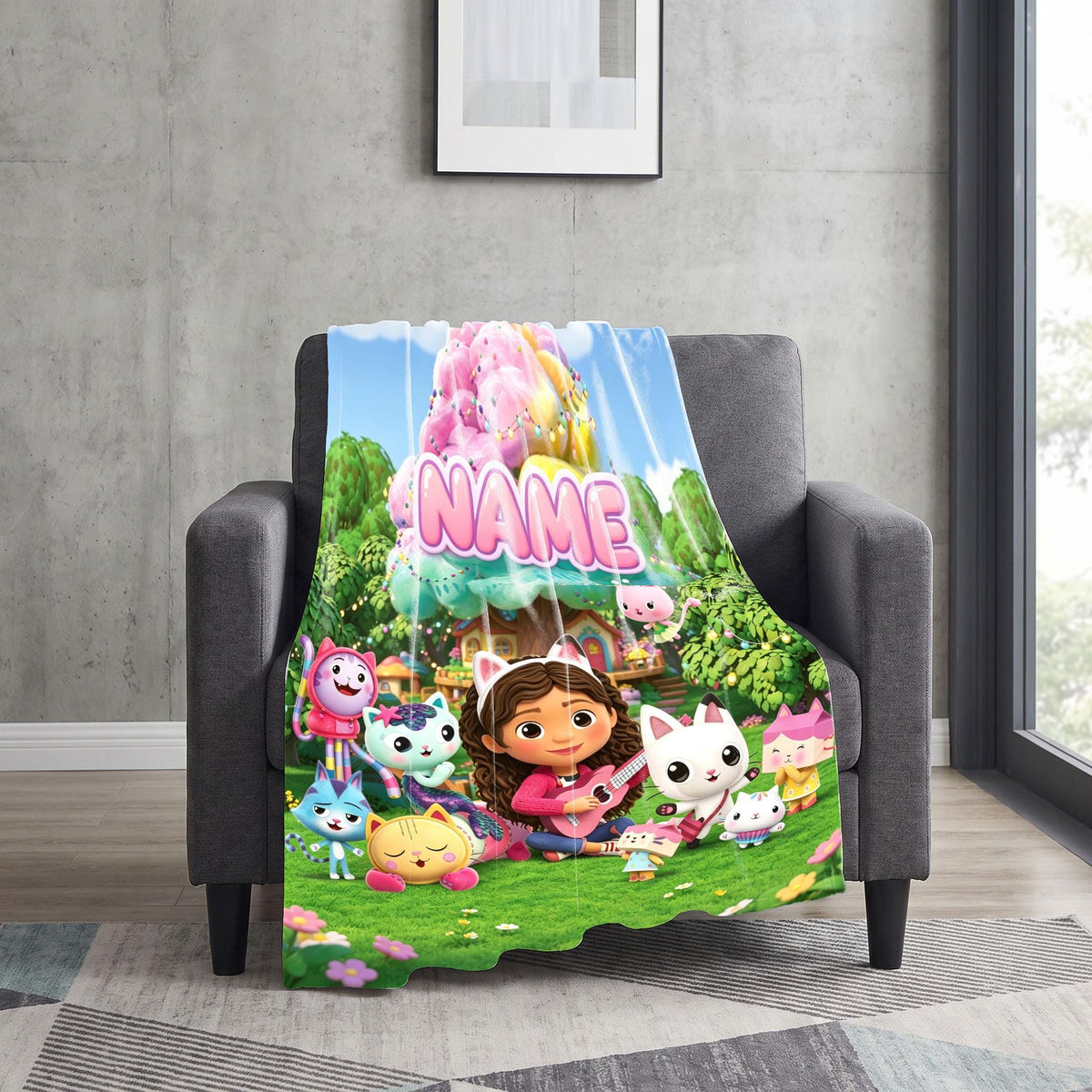 Gabby's Magic Tree Blanket, 3D Dollhouse Meadow Throw, Kids Cartoon Bedding, Girls Dreamy Room Gift