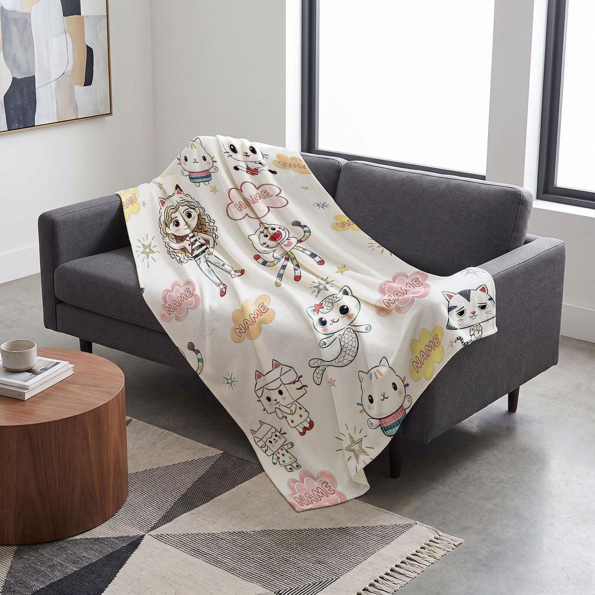 Gabby's Sketch Blanket, Color Pencil Dollhouse Throw, Kids Cartoon Bedding, Aesthetic Girls Room Gift