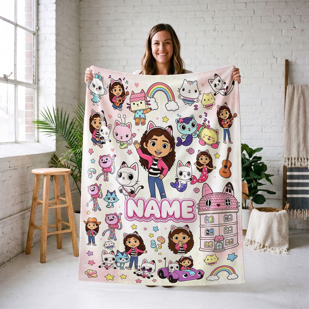 Gabby's Dollhouse Sticker Blanket, Magical Kitty Collage Throw, Kids Cartoon Bedding, Girls Birthday Gift