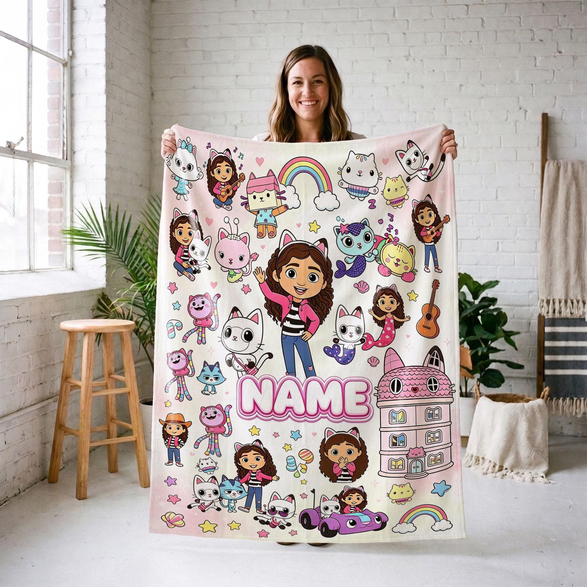 Gabby's Dollhouse Sticker Blanket, Magical Kitty Collage Throw, Kids Cartoon Bedding, Girls Birthday Gift